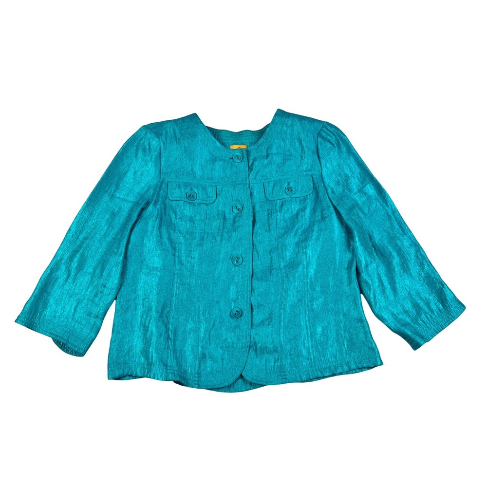 Ruby Rd Teal Blue Shimmer Button Up Jacket Top 3/4 Sleeve Size 14 Textured Chic